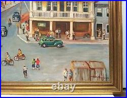 Large & Charming Vintage Any Town USA Street Scene Signed Original O/c Framed