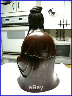 Large Chinese bronze Guanyin statue with silver wire signed Zhisao 19thC 15