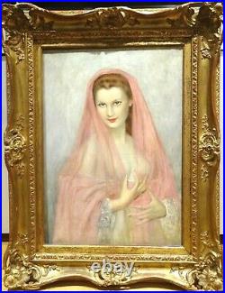 Large Circa 1920 French Portrait Lady Wearing A Pink Veil by GUSTAVE BRISGAND