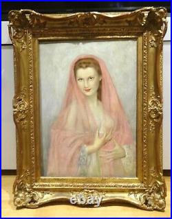 Large Circa 1920 French Portrait Lady Wearing A Pink Veil by GUSTAVE BRISGAND