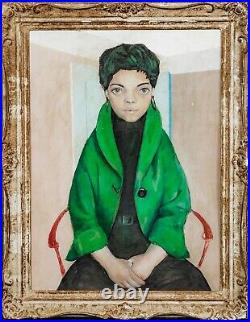 Large Early 20th Century French Portrait Of A Lady In A Green Jacket