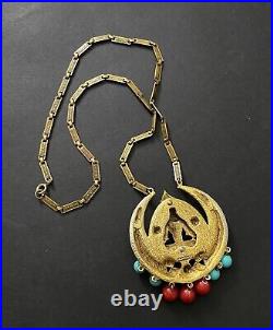 Large FLORENZA Aztec Mayan Incan Enameled Necklace Beads Signed Vintage Jewelry