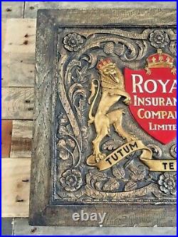 Large Faux Wood Royal Insurance Company Limited Wall Fire Lion Crest Plaque Sign