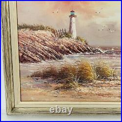 Large Framed Vintage Seascape Lighthouse Nautical Beach Oil Painting 41 X 29