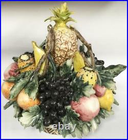 Large French Barbotine Fruit Basket majolica signed Centerpiece Antique Vtg
