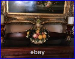 Large French Barbotine Fruit Basket majolica signed Centerpiece Antique Vtg