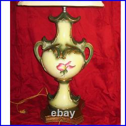 Large HAND PAINTED 1940s Ceramic Table Lamp Floral Greek Urn Shape SIGNED