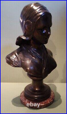 Large Impressive Antique Signed Cast Bronze Bust Dutch Lady Marble Base 43 cm hi