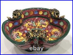 Large Italian Faience Double Snake Three Handled Centerpiece Bowl- Signed