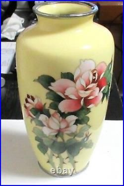 Large Japanese Ando Cloisonne Yellow Enamel Floral Rose Vase 81/2 H Signed