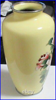 Large Japanese Ando Cloisonne Yellow Enamel Floral Rose Vase 81/2 H Signed