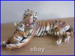 Large Mid Century Signed Ronzan, Italy Porcelain Tiger & Cub figure 23.5