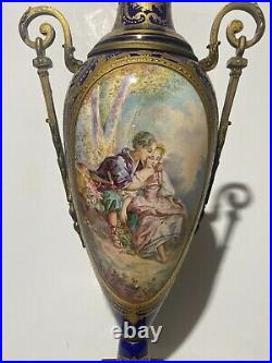 Large Sevres style porcelain vase urn 19th century fine signed