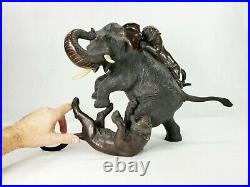 Large Signed Antique Japanese Bronze Sculpture Brave Elephant Fighting Tigers