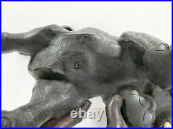 Large Signed Antique Japanese Bronze Sculpture Brave Elephant Fighting Tigers