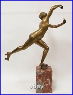 Large Signed H. CALOT Antique Bronze Sculpture Nude Woman Roller Skating