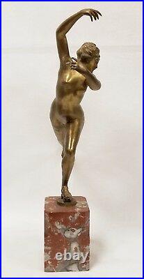 Large Signed H. CALOT Antique Bronze Sculpture Nude Woman Roller Skating