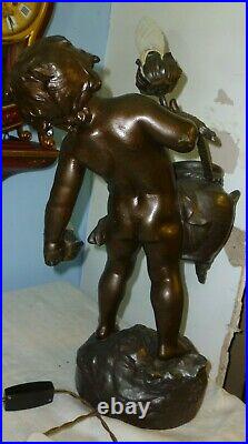 Large Victorian Bronzed Spelter Cherub Lamp Signed A Moreau In Working Order