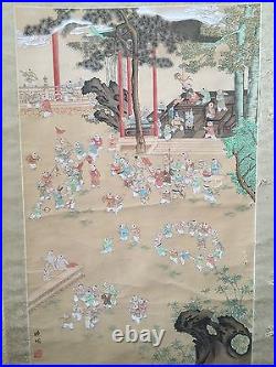 Large Vintage Chinese Wall Hanging Scroll Hand Painted 100 Boys on Silk, Signed