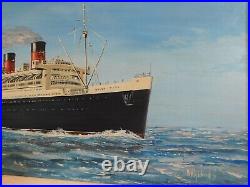 Large Vintage Framed Original Signed Oil Painting Queen Mary Liner W H Stockman