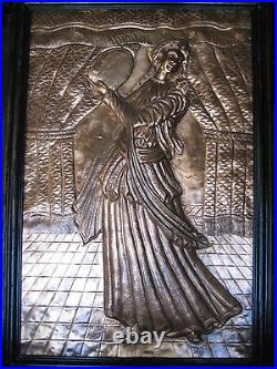 Large Vintage India Hand Made Hammered Copper Art Picture With Frame, Signed