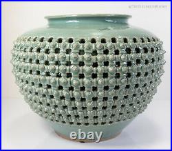 Large Vintage Korean Celadon Glazed Basketweave Reticulated Vase Cranes SIgned
