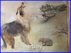 Large Vintage Lassie And Lamb In Winter Landscape Oil Painting Signed/Framed