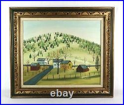 Large Vintage Naive Primitive Folk Art Oil Painting of Village Landscape Signed