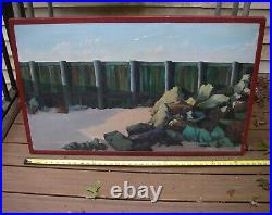 Large Vintage OCEANFRONT Painting on Canvas-BULKHEAD & ROCKS-Signed P. MEADE-NR