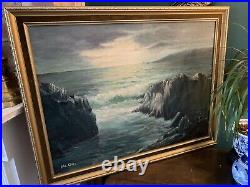 Large Vintage Oil on Canvas Seascape painting In Gold Gilt Frame Signed Ireland