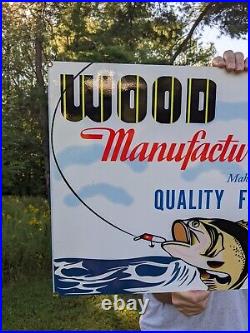 Large Vintage Old Wood Lures Advertising Porcelain Pro Fishing Sign Bait