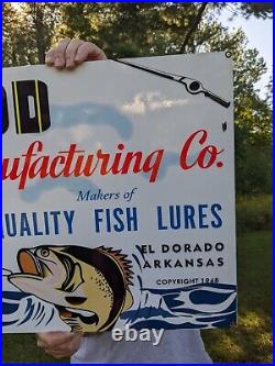 Large Vintage Old Wood Lures Advertising Porcelain Pro Fishing Sign Bait