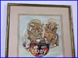 Large Vintage Watercolor Kittens & Goldfish Signed E. Hodge