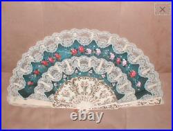 Large Vintage signed Hand Painted silk Folding Fan with Lace