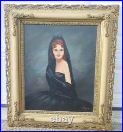 Large Vtg Framed Original Painting Oil On Canvas Portrait of a Lady Puckett MCM