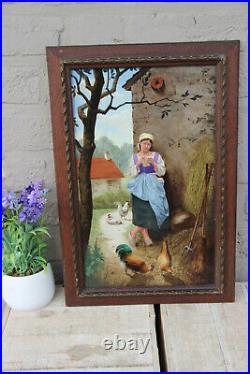Large antique French Painting on porcelain signed Taillandier 1883 chicken n1