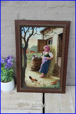 Large antique French Painting on porcelain signed Taillandier 1883 chicken n2