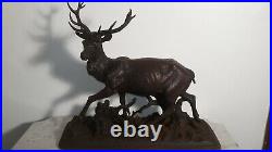Large antique bronze animalist sculpture buck deer with fox in hole signed 1880