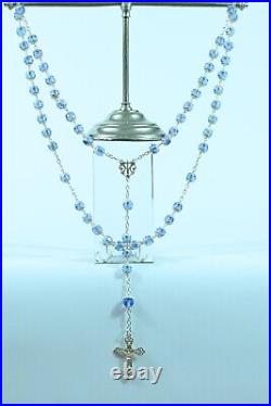 Large antique french Rosary Silver& blue glass all caped signed 1895