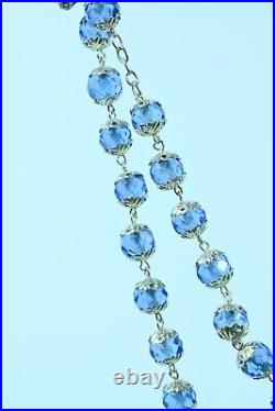 Large antique french Rosary Silver& blue glass all caped signed 1895