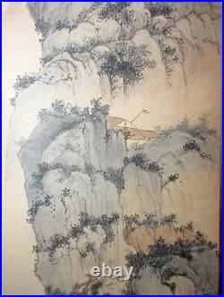 Large antique original signed Chinese watercolor landscape scroll painting art
