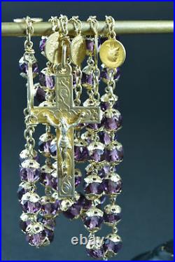 Large french antique Rosary Silver Vermeil purple crystal all caped signed