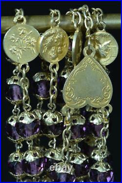 Large french antique Rosary Silver Vermeil purple crystal all caped signed