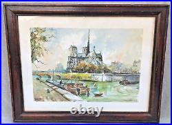 Large vintage french painting framed watercolor Paris Notre Dame signed