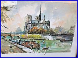 Large vintage french painting framed watercolor Paris Notre Dame signed