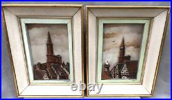 Large vintage pair of french low relief paintings 1960-70's Strasbourg signed