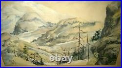 Large vintage watercolor mountains landscape initial signed mystery artist