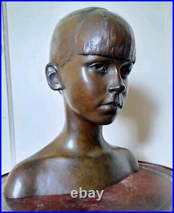 Life Size Antique Bronze Sculpture Bust Young Girl 1968 BRUCE HOHEB Signed