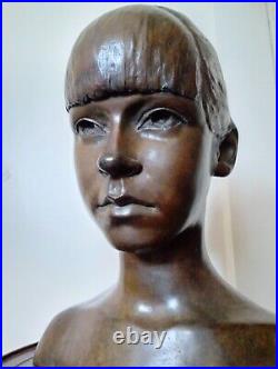 Life Size Antique Bronze Sculpture Bust Young Girl 1968 BRUCE HOHEB Signed