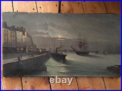 Marine Choose Light Moon Large Oil on Canvas Antique, Signed, IN Restore